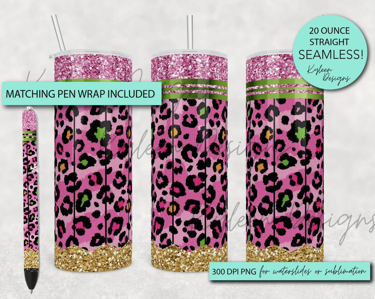 20 ounce pink pencil wrap and pen wrap for sublimation, waterslide High res PNG digital file