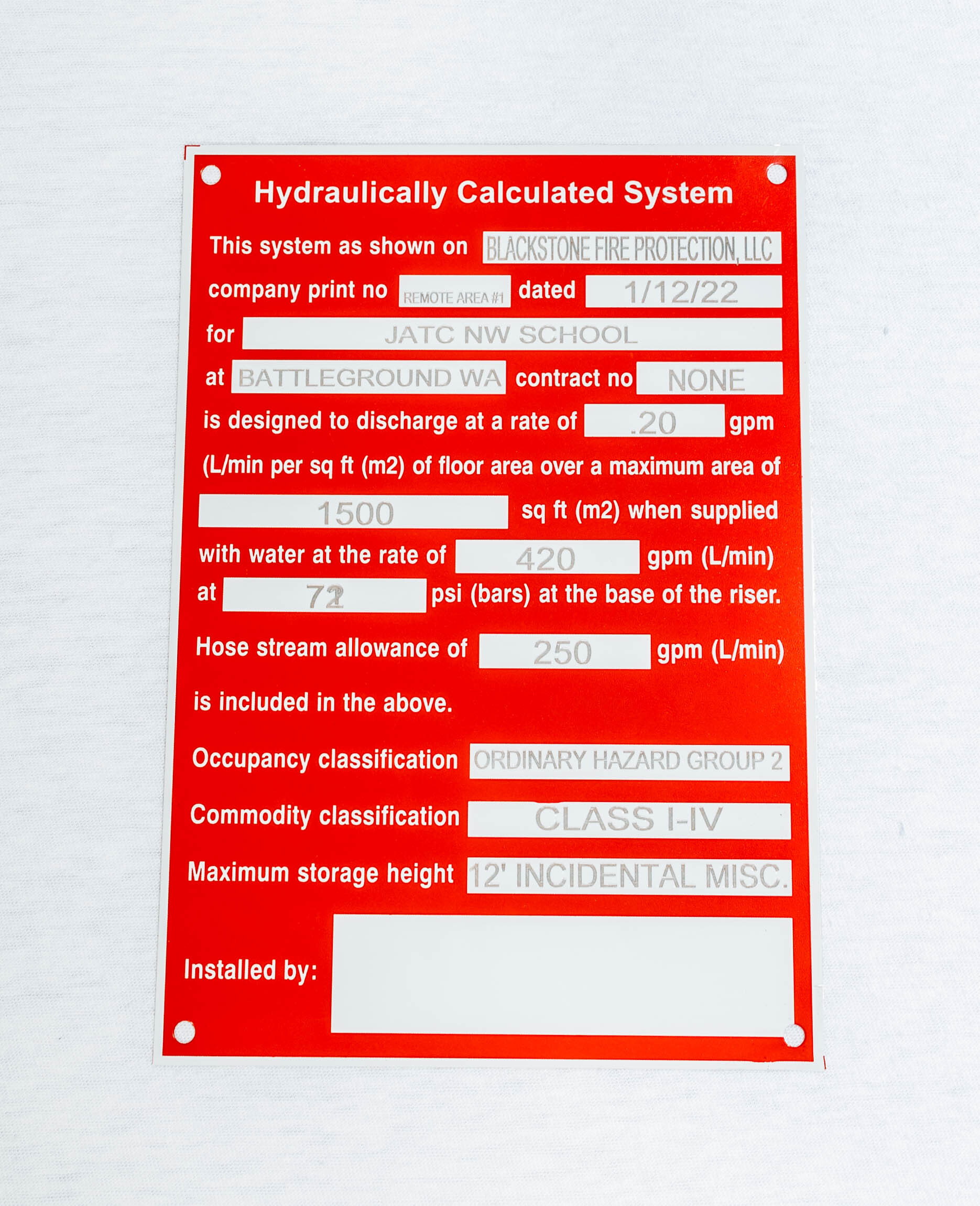 Custom Laser Engraved Hydraulic Data Plates-Hydraulic Calc. System