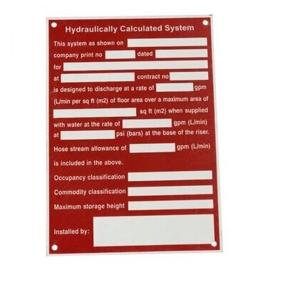 Custom Laser Engraved Hydraulic Data Plates-Hydraulic Calc. System Custom Laser Engraved Hydraulic Data Plates-Hydraulic Calc. System