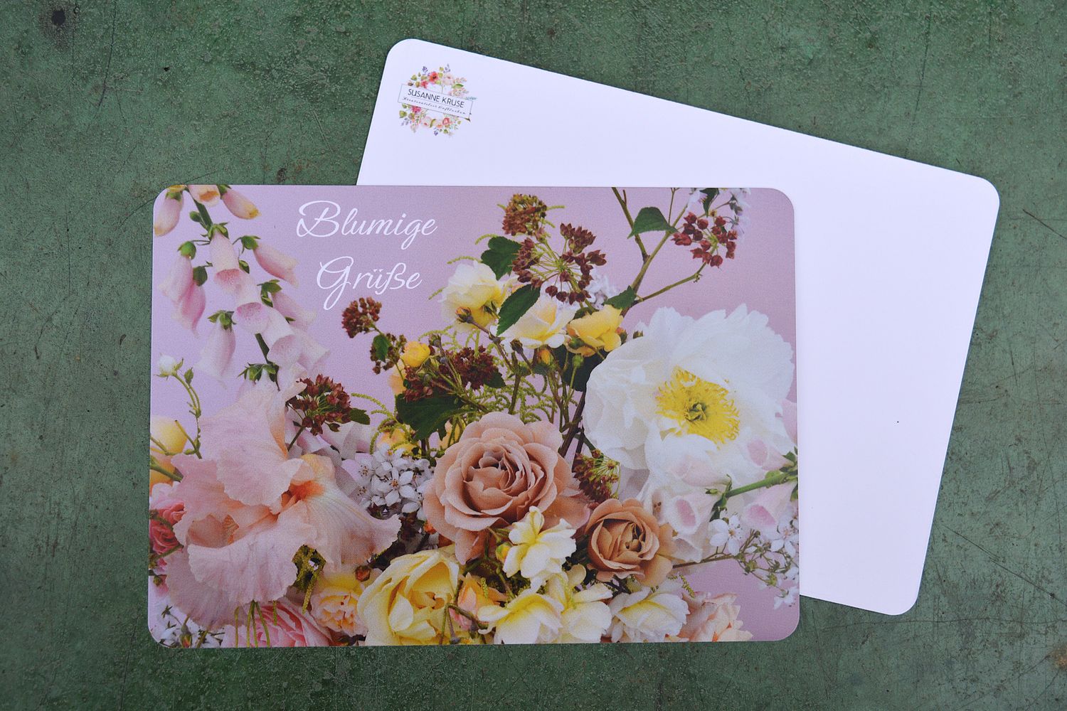 NEU: Postkarte Din a6 Motiv Blumenarrangement &quot;Blumige Grüße&quot;  5 Stück, MATTPAPIER, abgerundete Ecken
