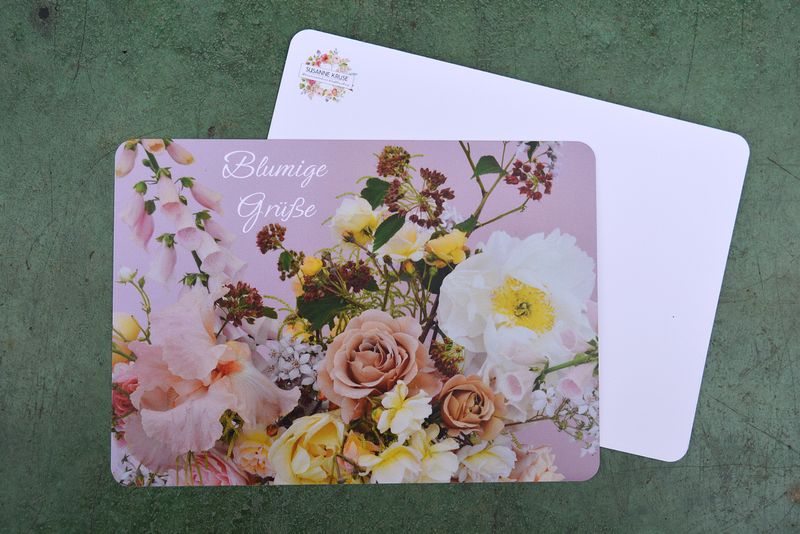 NEU: Postkarte Din a6 Motiv Blumenarrangement &quot;Blumige Grüße&quot;  5 Stück, MATTPAPIER, abgerundete Ecken