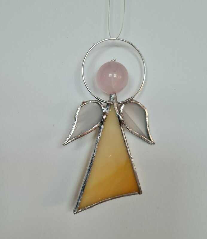 Engel gelb, Tiffanyengel, Schutzengel, Handarbeit 5,5cm x 7cm mit Rosenquarzkopf Engel gelb, Tiffanyengel, Schutzengel, Handarbeit 5,5cm x 7cm mit Rosenquarzkopf