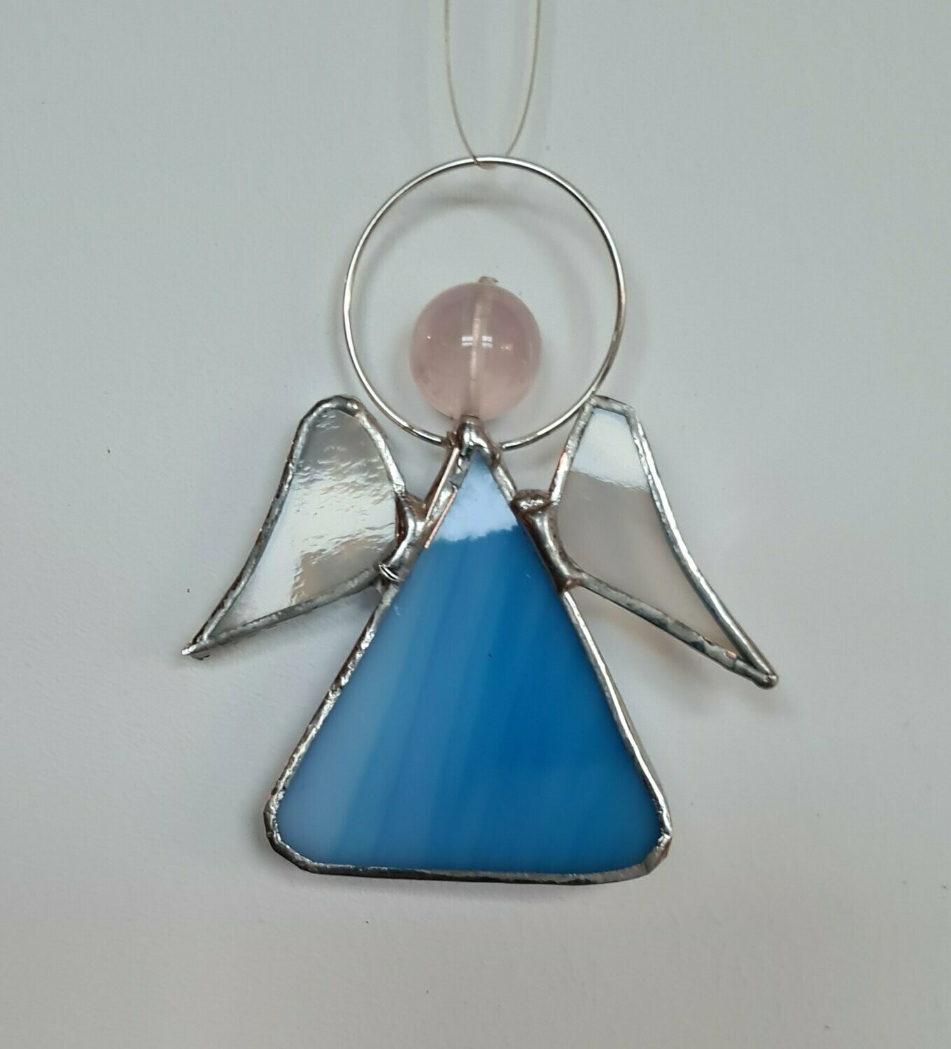 Engel blau, Tiffanyengel, Schutzengel, Handarbeit 5,5cm x 7cm mit Rosenquarzkopf