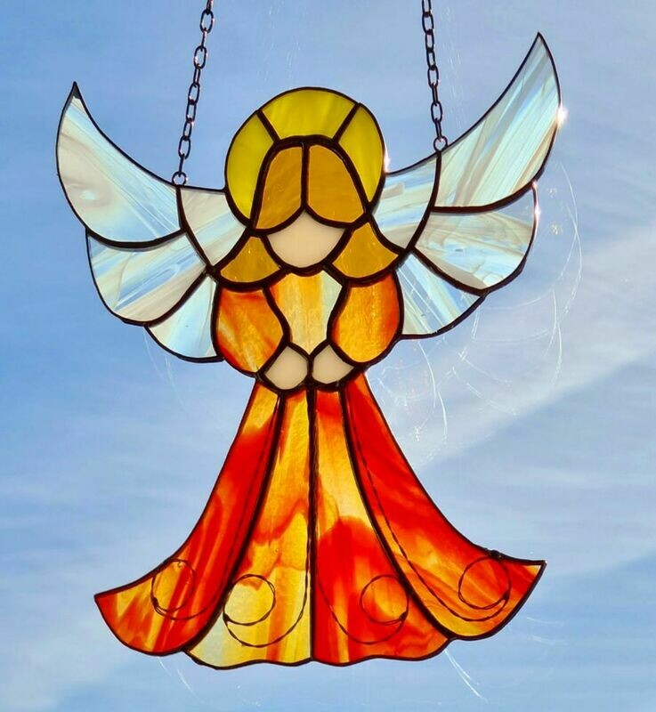 großer Engel orange mit Heiligenschein, Tiffanyfensterbild, Handarbeit 19cm x 21cm großer Engel orange mit Heiligenschein, Tiffanyfensterbild, Handarbeit 19cm x 21cm