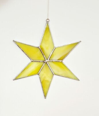 Stern 6 Spitzen gelb, Tiffany Fensterbild, Handarbeit 15,5 x 15,5cm