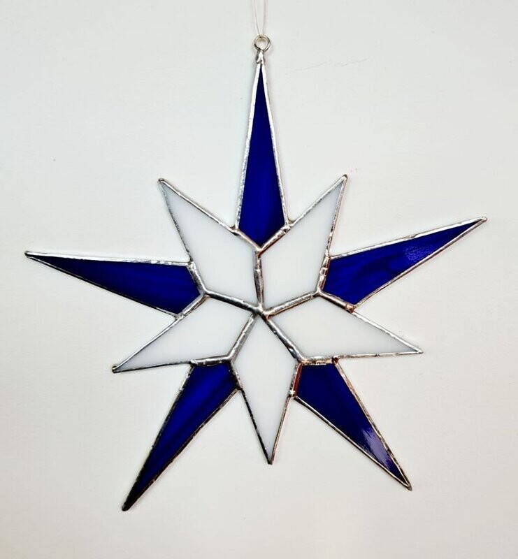 doppelter Stern blau weiß, Tiffany Fensterbild, Handarbeit 16,5 x16,5cm doppelter Stern blau weiß, Tiffany Fensterbild, Handarbeit 16,5 x16,5cm