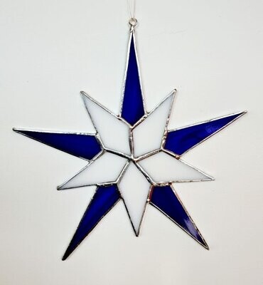 doppelter Stern blau weiß, Tiffany Fensterbild, Handarbeit 16,5 x16,5cm