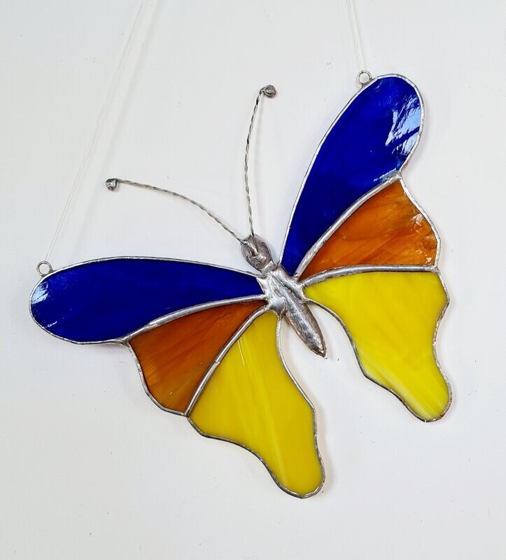 Schmetterling gelb/braun/blau, Tiffany Fensterbild, 18 breit 16 hoch Handarbeit Schmetterling gelb/braun/blau, Tiffany Fensterbild, 18 breit 16 hoch Handarbeit
