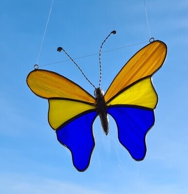 Schmetterling gelb/braun/blau, Tiffany Fensterbild, 18 breit 16 hoch Handarbeit