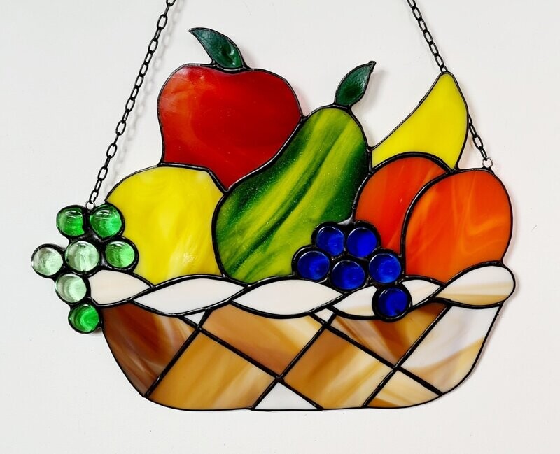 Obstkorb, Tiffany Fensterbild, 26cm breit 20cm hoch, Handarbeit Obstkorb, Tiffany Fensterbild, 26cm breit 20cm hoch, Handarbeit