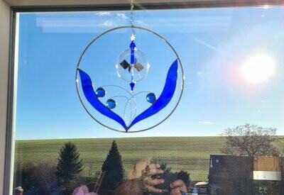 Sonnenfänger blau mit Lichtmühle ca 6cm Durchmesser / Radiometer, Tiffany Fensterbild 20cm Durchmesser