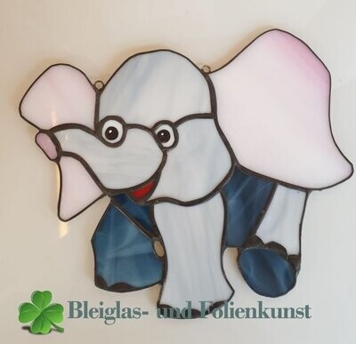 Elefant mit Brille, Tiffany Fensterbild, 19cm breit 16cm hoch, Handarbeit