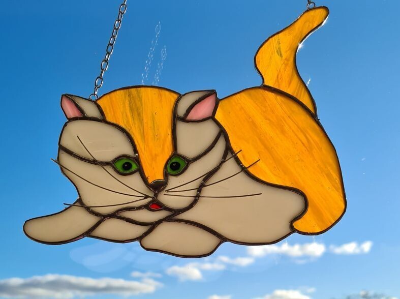 Katze, Tiffany Fensterbild, 20cm breit 17cm hoch, Handarbeit Katze, Tiffany Fensterbild, 20cm breit 17cm hoch, Handarbeit