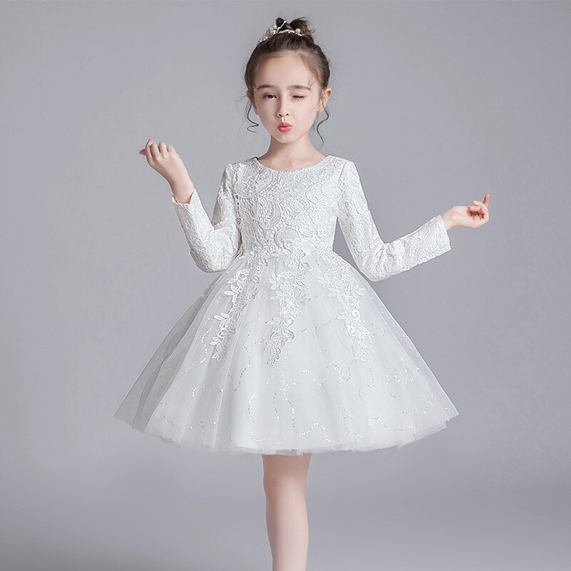 2022 Autumn And Winter New Girls Princess Dress White Long-sleeved Dress Girl Puffy Wedding Dress Factory Direct Sales