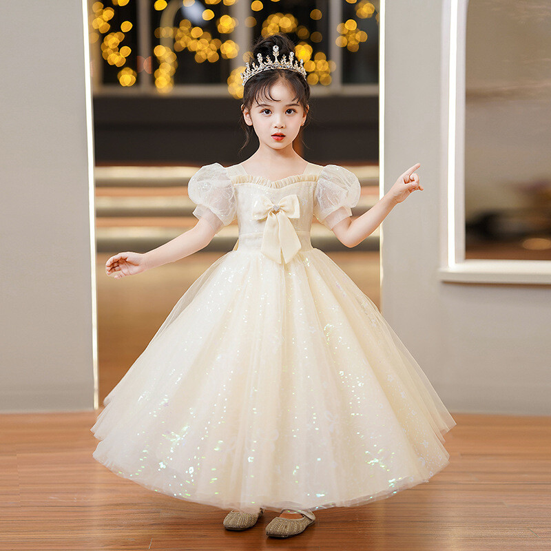 Girls&#39; Dress Summer New Western Style Long Section Girls Catwalk Piano Costumes Fluffy Yarn Children&#39;s Princess Dress
