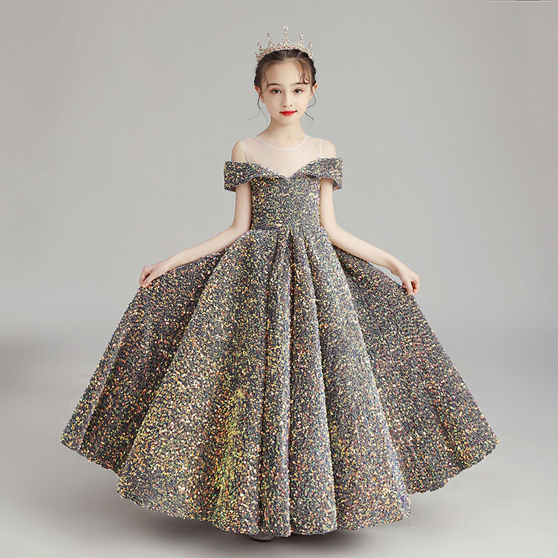Spot New Children&#39;s Wedding Evening Dress Girls Sequins Birthday Host Piano Performance Long Princess Dress Summer