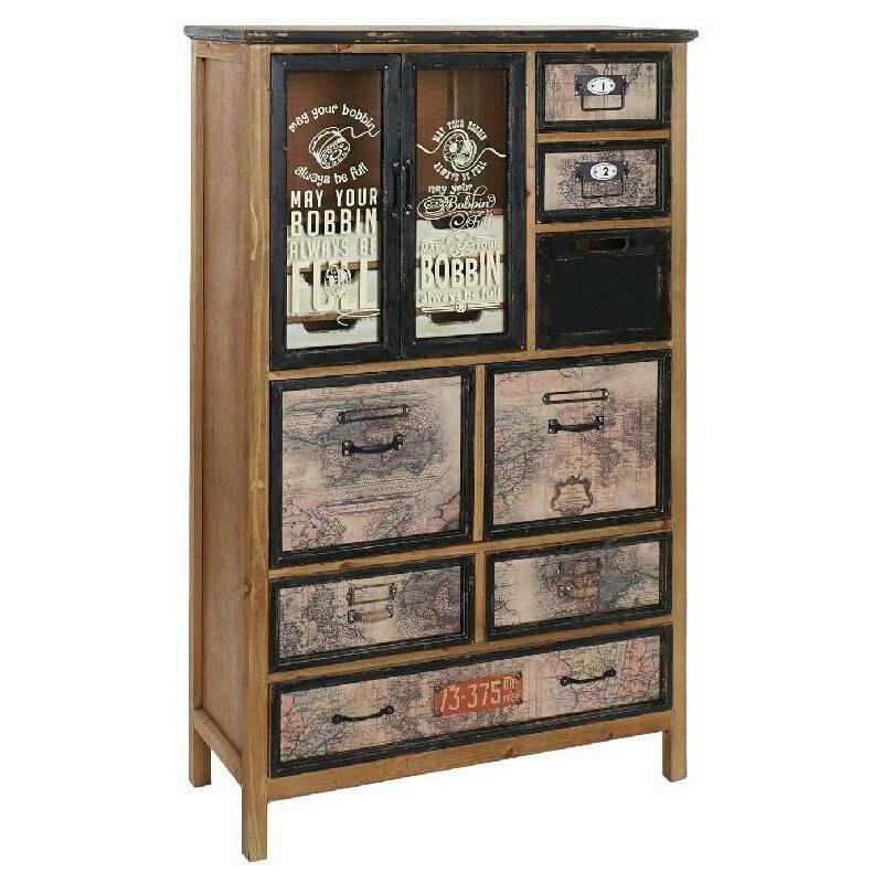 MUEBLE AUXILIAR ROMAIN CON VITRINA Y CAJONES MADERA METAL CRISTAL
