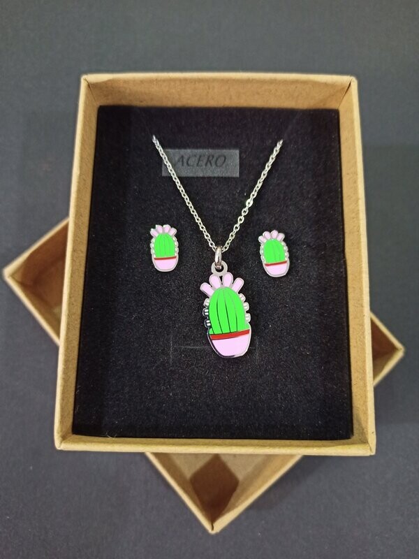 Conjunto de collar y pendientes de acero con color, modelo cactus