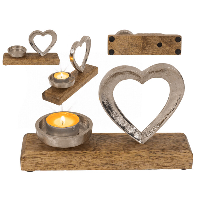PORTAVELAS METAL MADERA CORAZON
