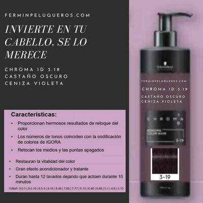 Schwarzkopf Chroma ID Mascarilla Bonding de color Castaño Oscuro Ceniza Violeta 3-19 Schwarzkopf Chroma ID Mascarilla Bonding de color Castaño Oscuro Ceniza Violeta 3-19
