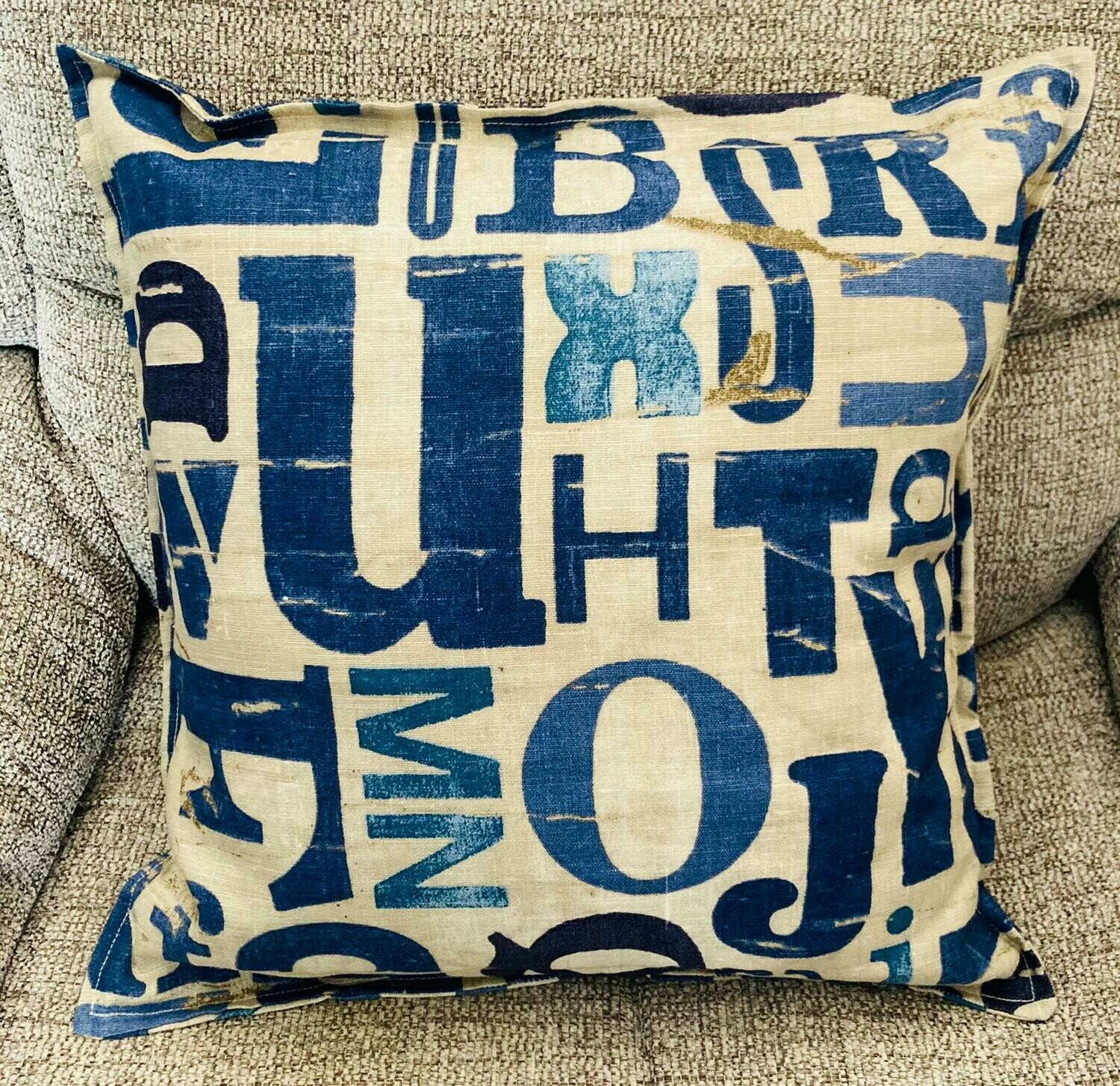 Letters Pattern Cushion  Blue/ Cream