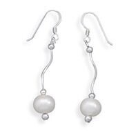 Wave Design Earrings Cultured Freshwater Pearl Drop