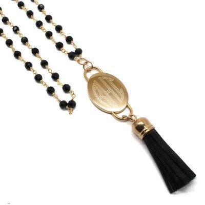 Fashion Engravable Tassel Black Crystal Bead Necklace