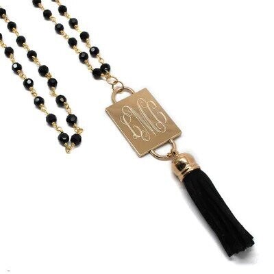 Fashion Engravable Tassel Black Crystal Bead Necklace