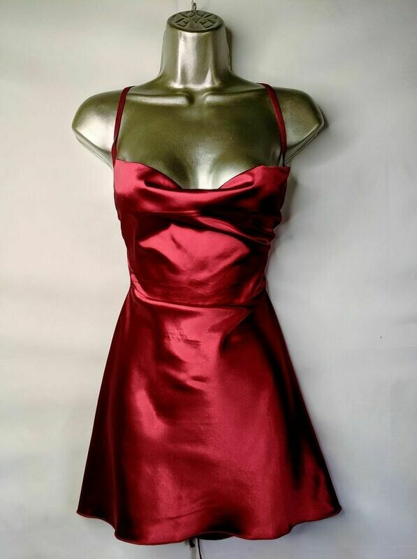 Red Satin Cross Back Cowl Neck Cami Dress