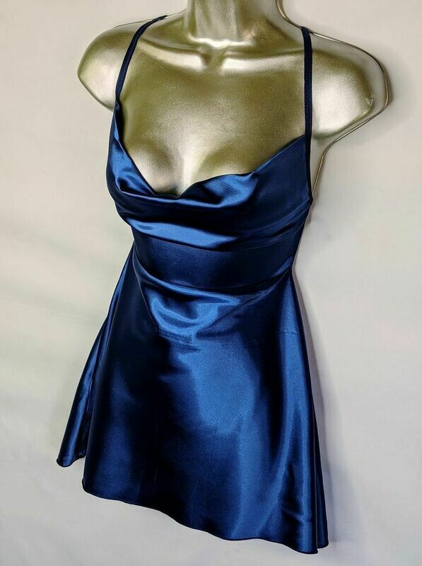 Blue Cowl Neck Satin Cami Dress
