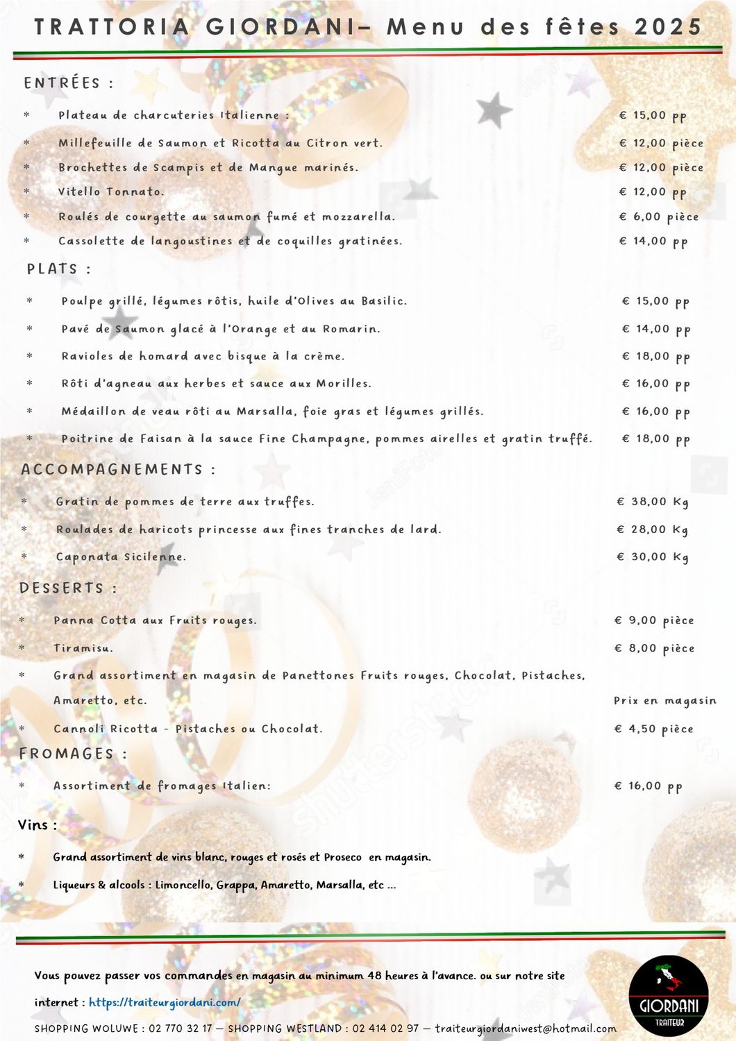 Menu des fêtes 2025. Voir la description ci-dessous