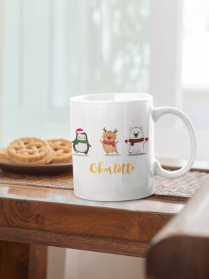 Personalised Christmas Coffee Mug 'Penquin,Reindeer and Polar Bear'