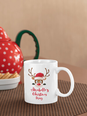 Personalised Christmas Coffee Mug 'Cute Hiding Reindeer'