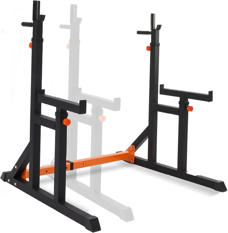 Soporte negro ajustable para levantamiento de pesas. Marco de acero. Material Fitness