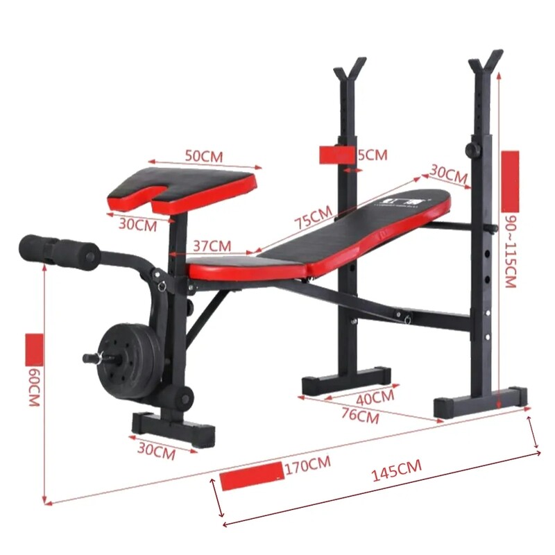 Banco Musculación con Rack de Pesas Multifuncional con Con Curl Predicador