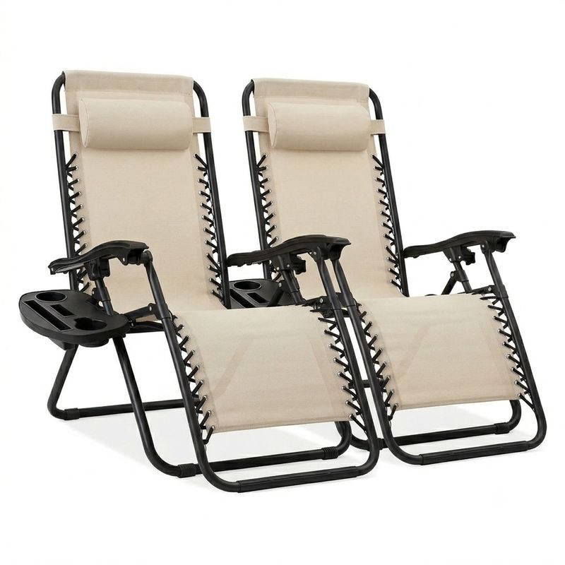 2 Sillas Plegable Camping Tipo Tumbona Multiposición Beige