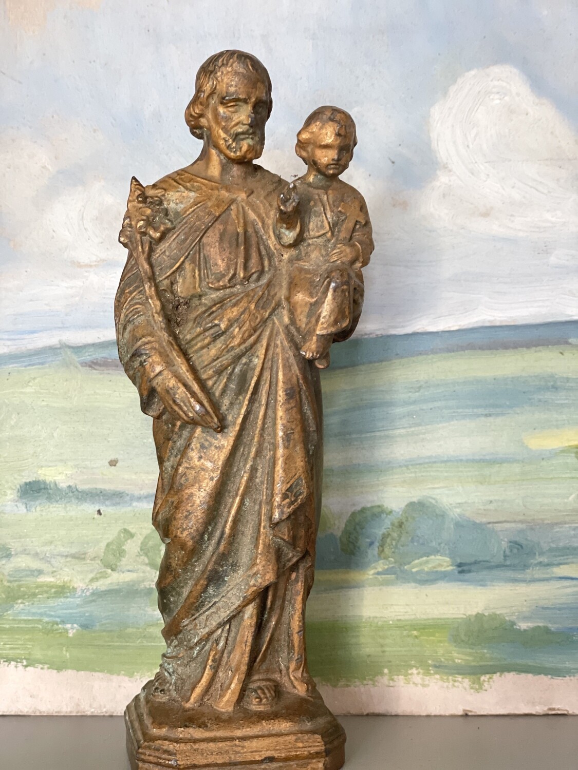 Saint Joseph à l'enfant en bronze et plomb