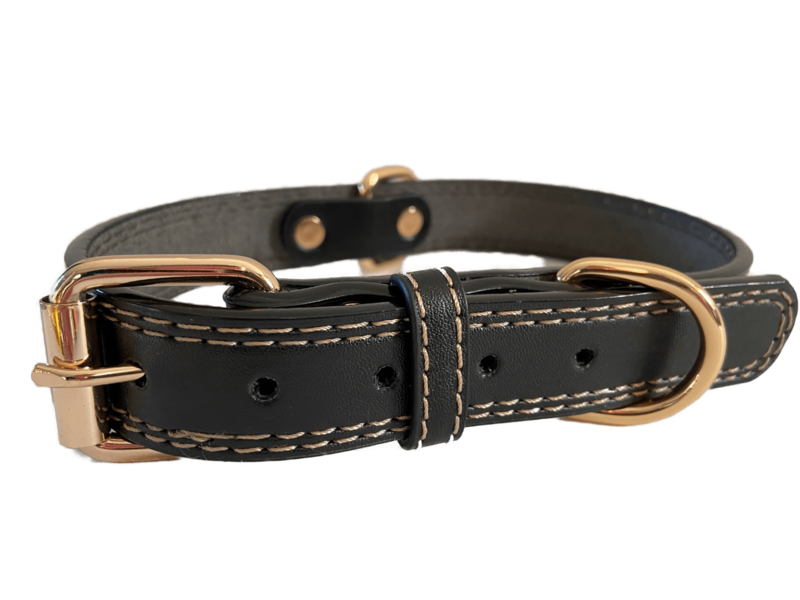 Halsband hond - Hondenhalsband - Volnerfleer - Zwart - Leer dubbel gestikt - Maat M