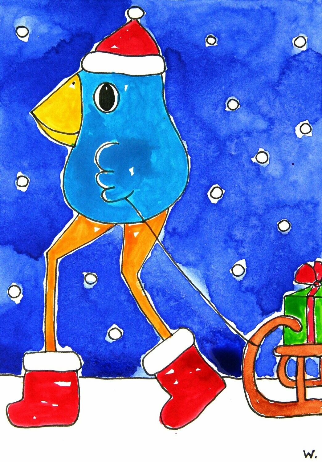 Grußkarte Weihnachtsogel mit Schlitten