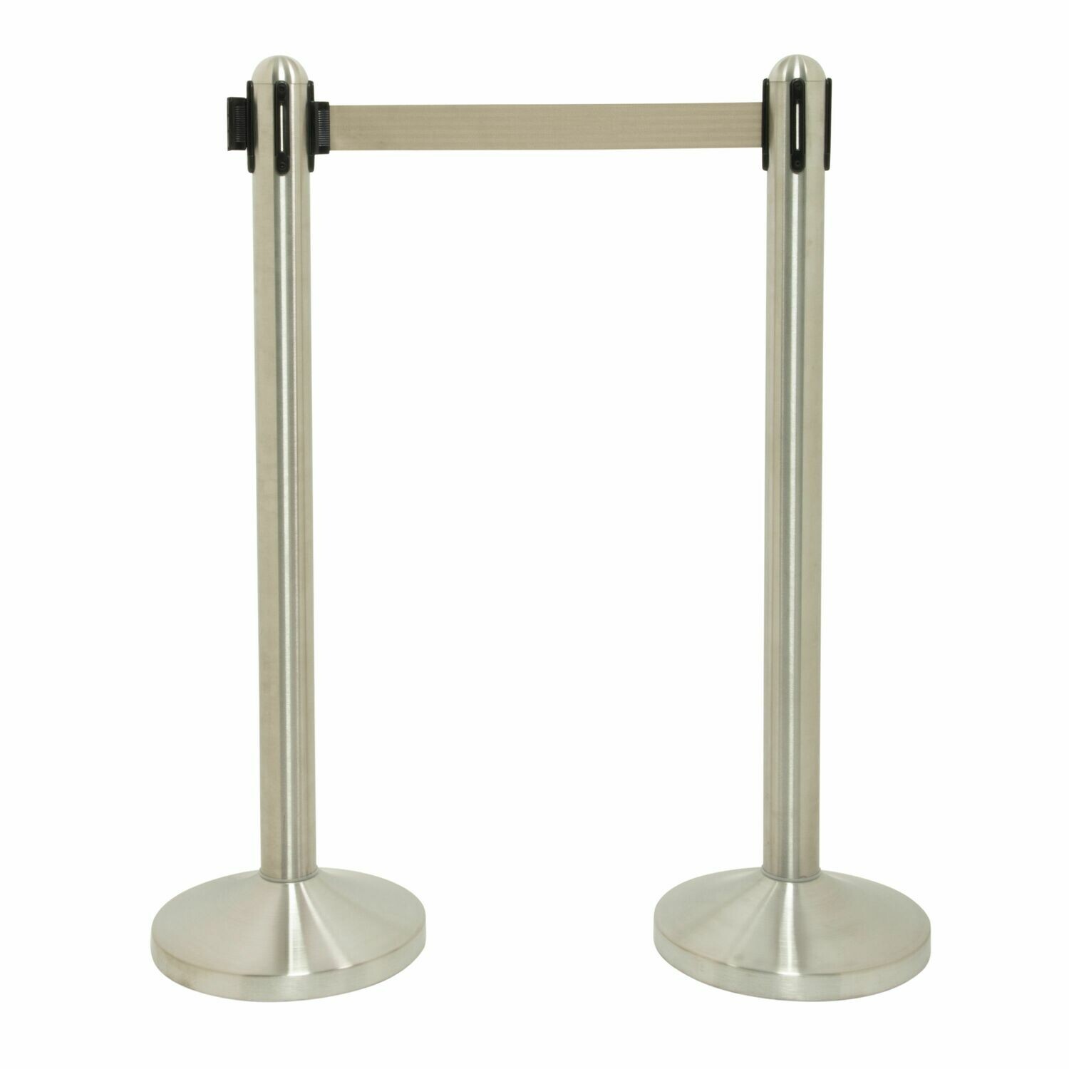Retractable Barrier Post with Grey Belt - Brushed Steel