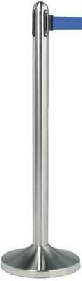 Retractable Barrier Post with Blue Belt - Brushed Steel