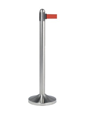 Retractable Barrier Post with Red Belt - Brushed Steel