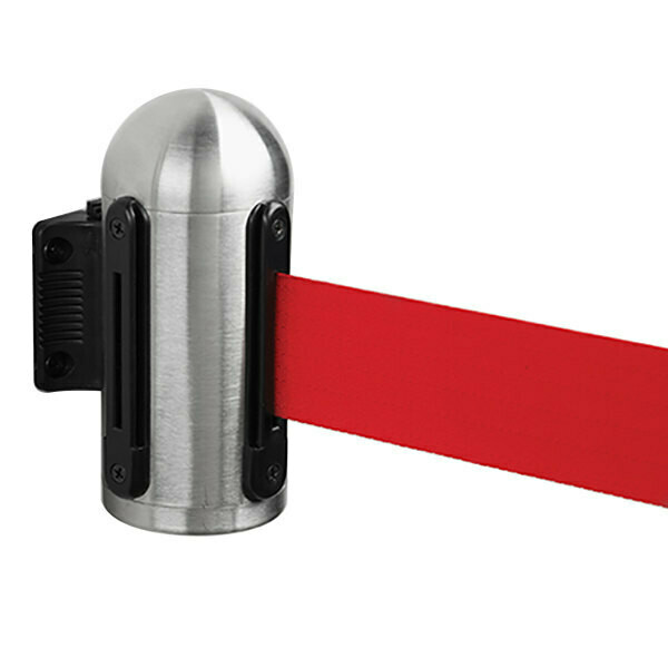 Wall Mounted Retractable Barrier Red Belt - Brushed Steel