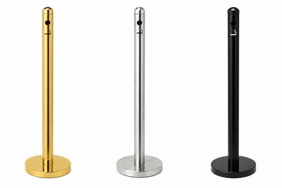 Freestanding outdoor ashtrays and smokers' poles in gold, brushed steel and black finishes for hotels and commercial premises