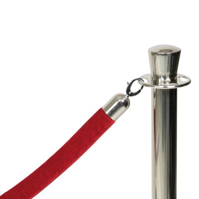 Chrome queue barrier post with red velvet rope and polished chrome hook, ideal for hotels, restaurants and events.
