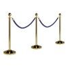 Three gold queue barrier posts with ball tops and blue ropes, ideal for hotels, VIP areas, events and crowd guidance.