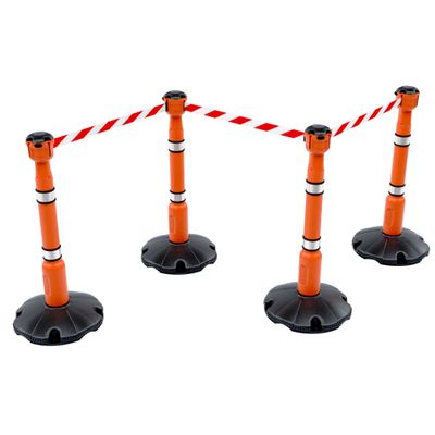 Skipper retractable safety barriers on four orange posts with red and white striped belts for pedestrian guidance and access