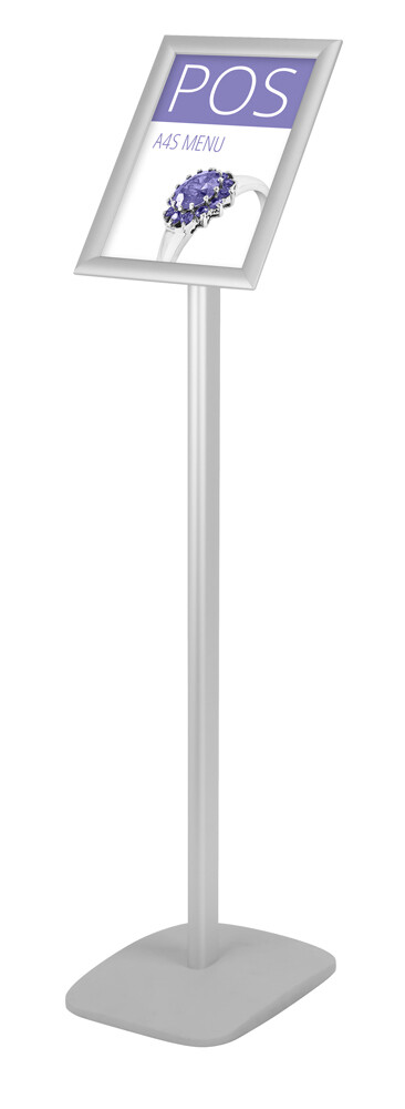 Freestanding silver A4 landscape or portrait menu sign holder with a rectangular base