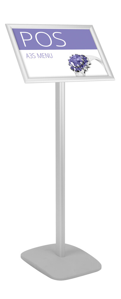 Freestanding silver A3 landscape or portrait menu sign holder with a rectangular base