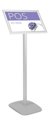Freestanding silver A3 landscape or portrait menu sign holder with a rectangular base